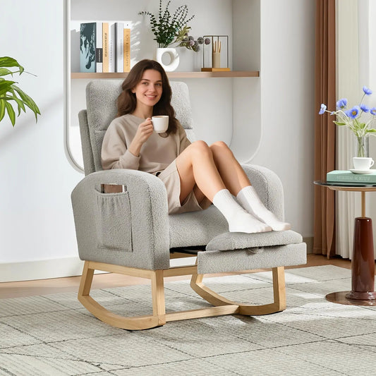 Modern Teddy Rocking Chair With Footrest And Side Pocket