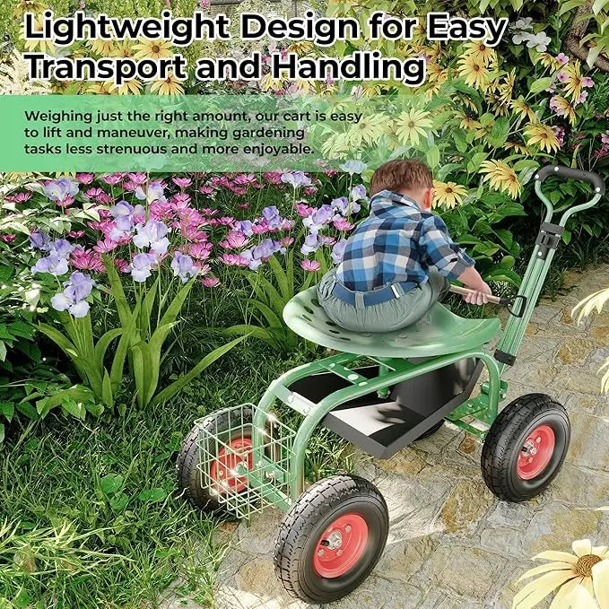 Garden Rolling Stool With Wheels Steering Handle 360 Swivel