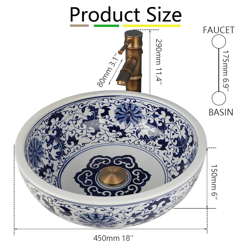 ZAPPO Round Ceramic Bathroom Vessel Sink Faucet Combo Set