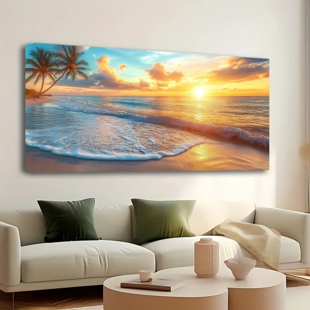 Natural Ocean Sunset Canvas Wall Art in Pine Wood Frame