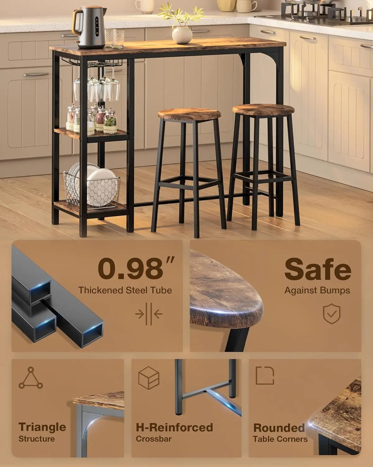 XMSJH Bar Table Set With Stools Shelves And Glass Rack