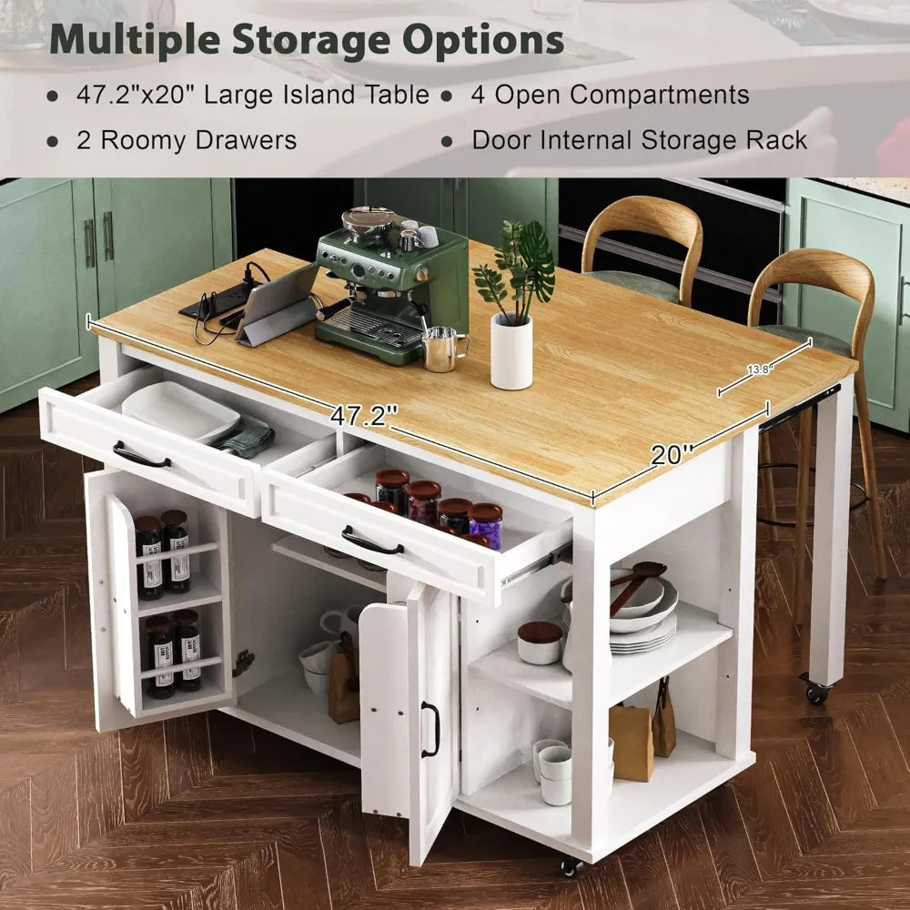 DAFIFY Kitchen Island on Wheels Extendable Table Power Outlet