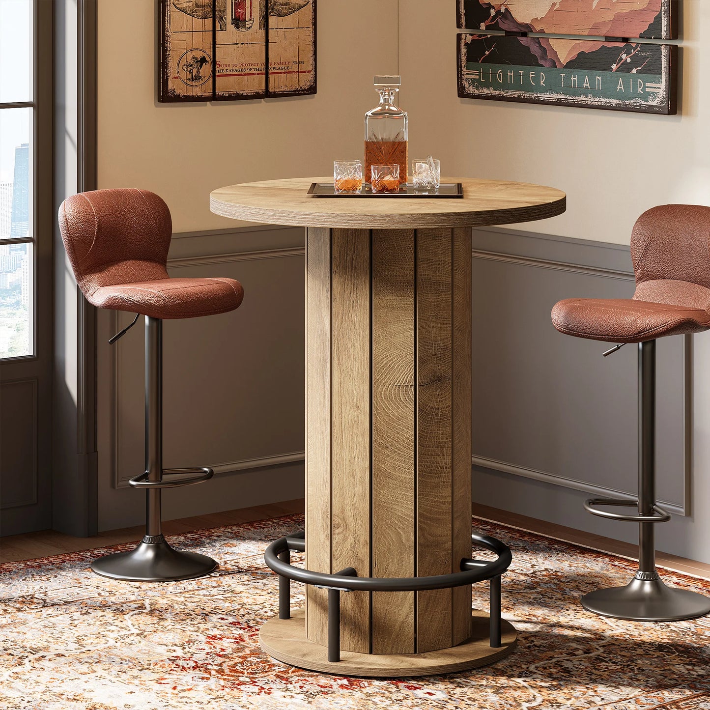 Tribesigns Round Bar Table With Metal Ring Footrest