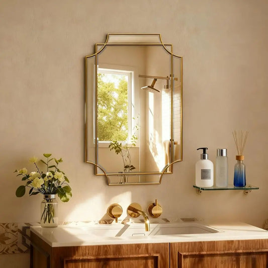 Wooden Frame Bathroom Mirror With Scalloped Beveled Glass