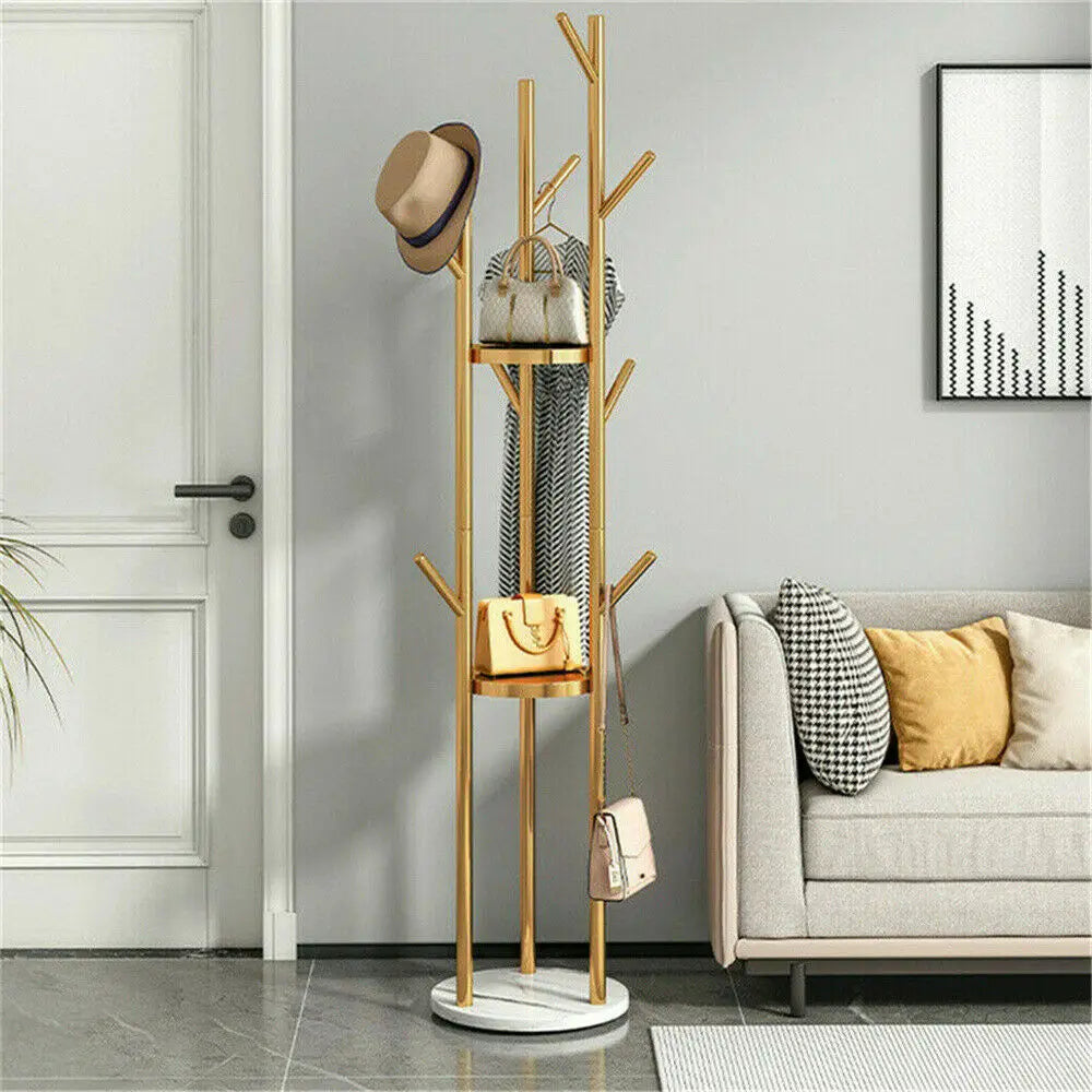 Marble Metal Freestanding Coat Rack with 3 Shelves and 9 Hooks for Entryway