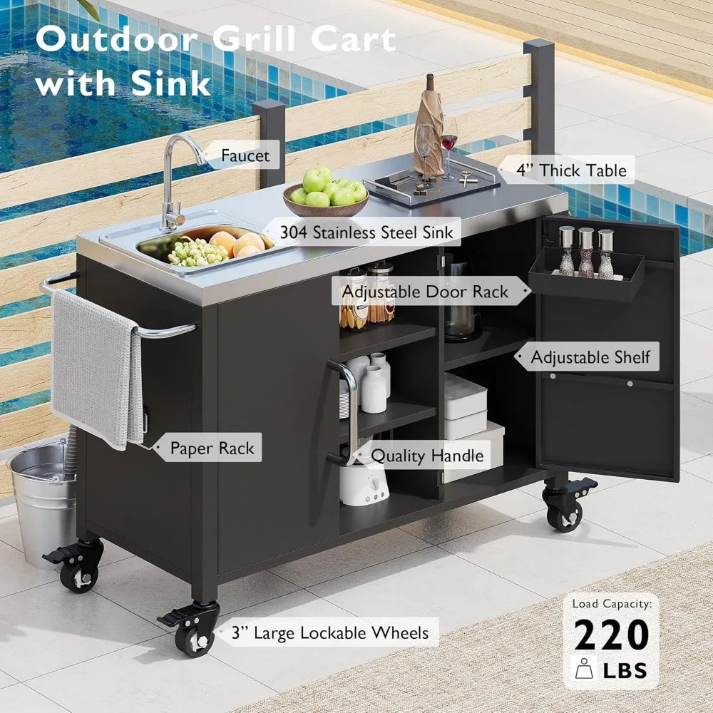 Outdoor 304 Stainless Steel Kitchen Island With Sink Cart