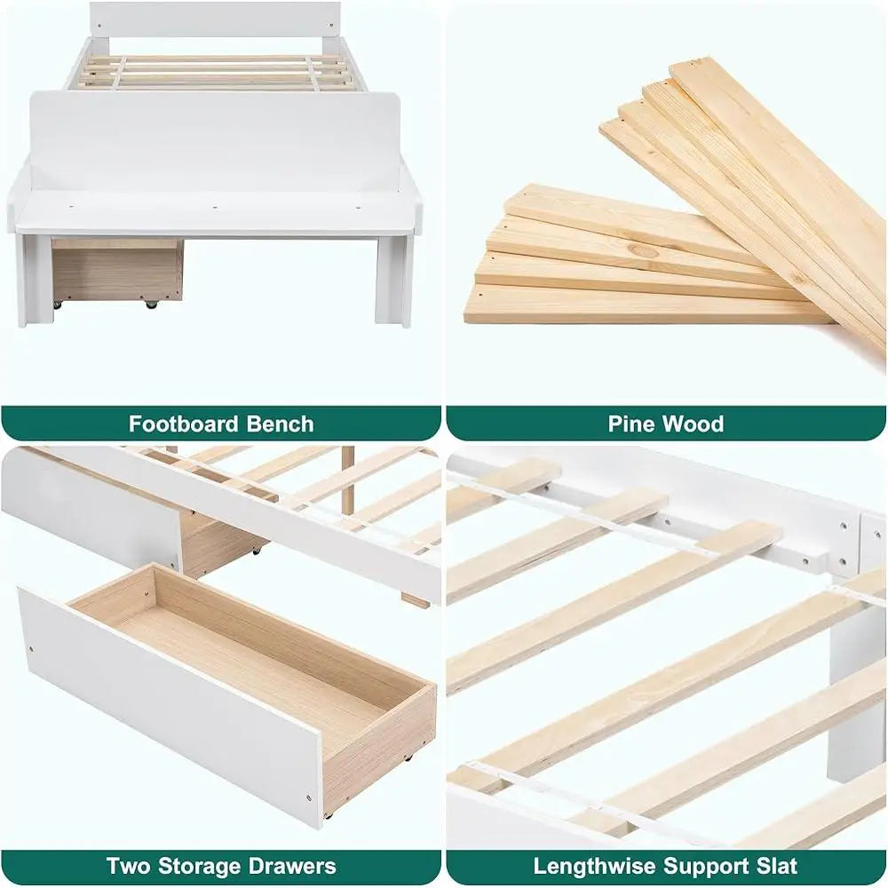 XMSJ Twin Bed Frame With Footboard Bench And Drawers