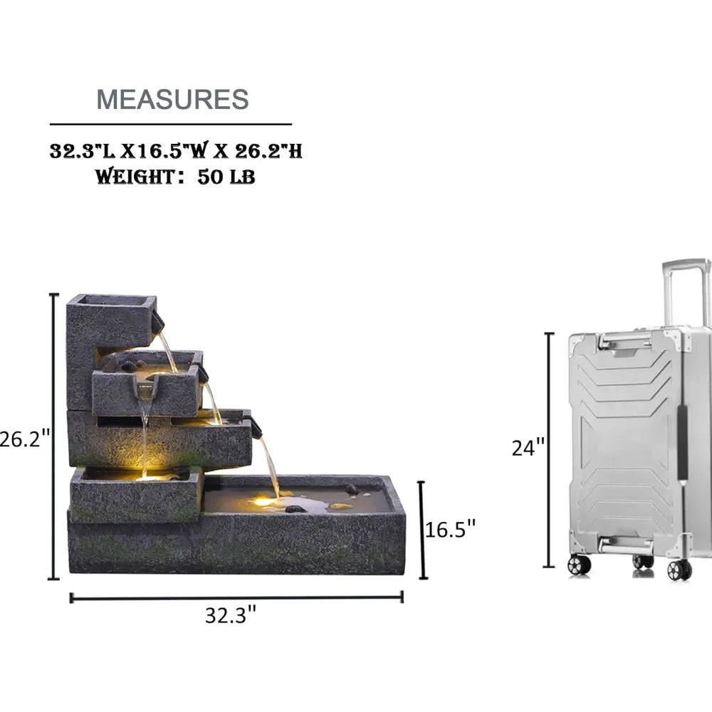 Tiered Outdoor Water Fountain Cascade With LED Lighting