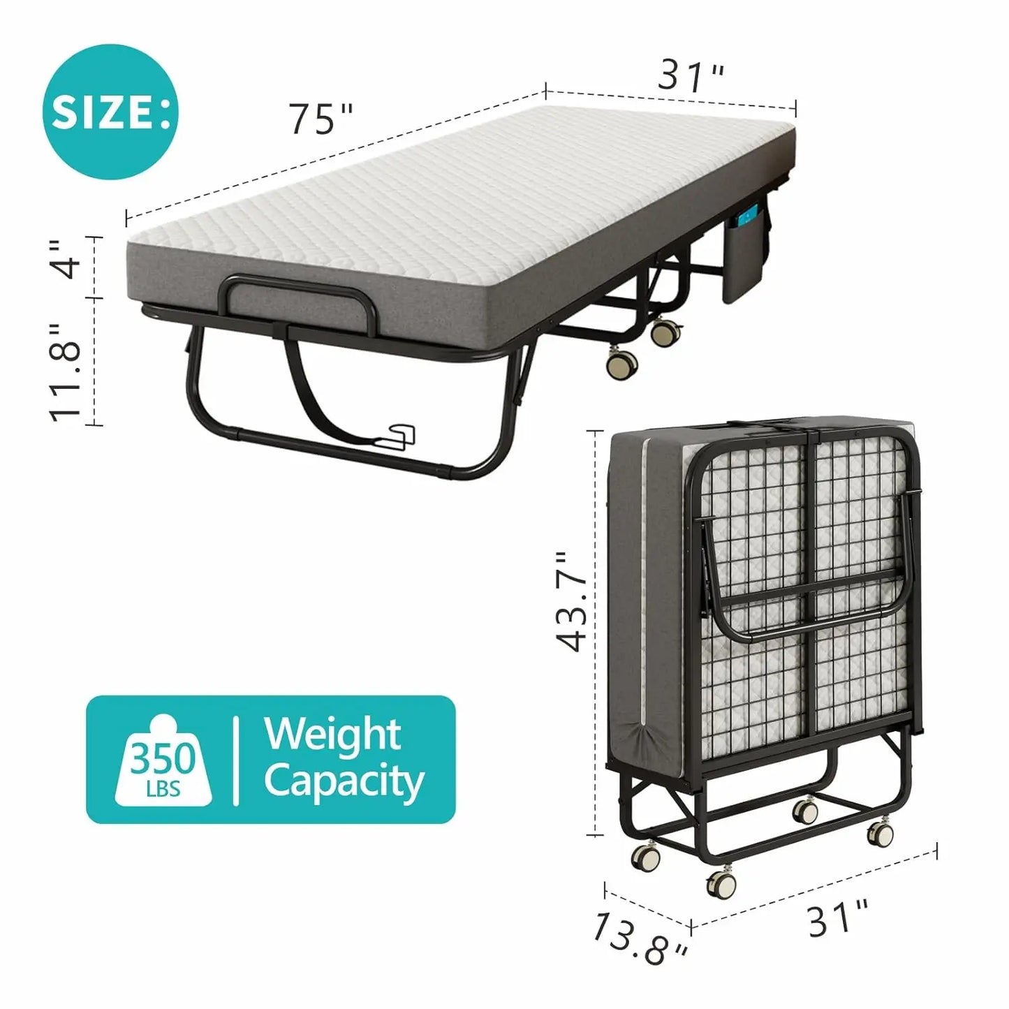 Foldable Rollaway Guest Bed With Memory Foam Mattress
