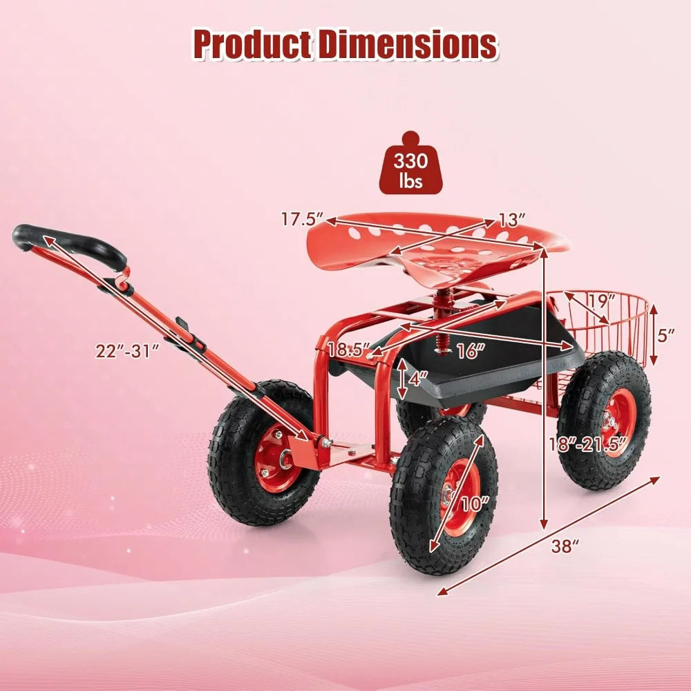 Adjustable Rolling Garden Cart With Seat Tool Tray Basket