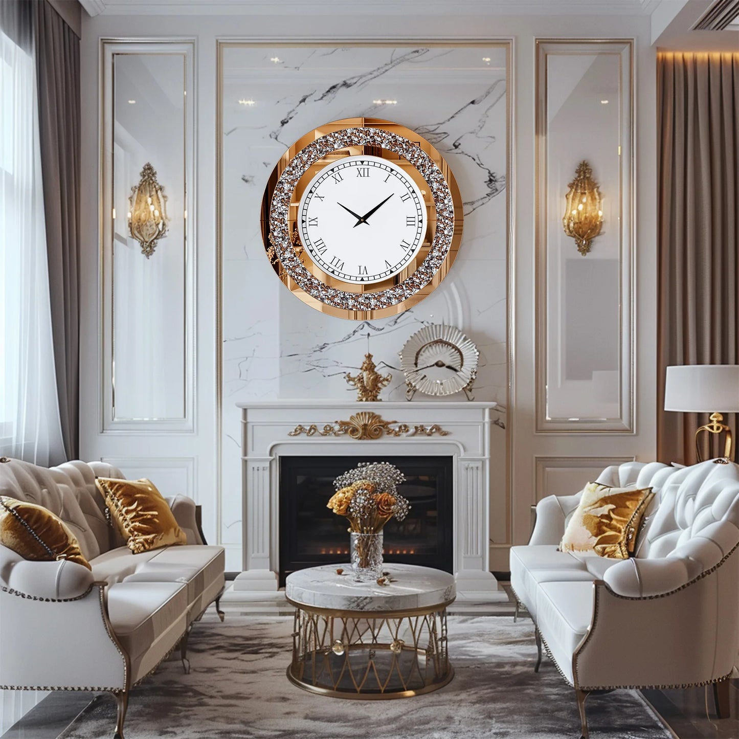 Round Mirror Wall Clock For Living Room Decor Elegant