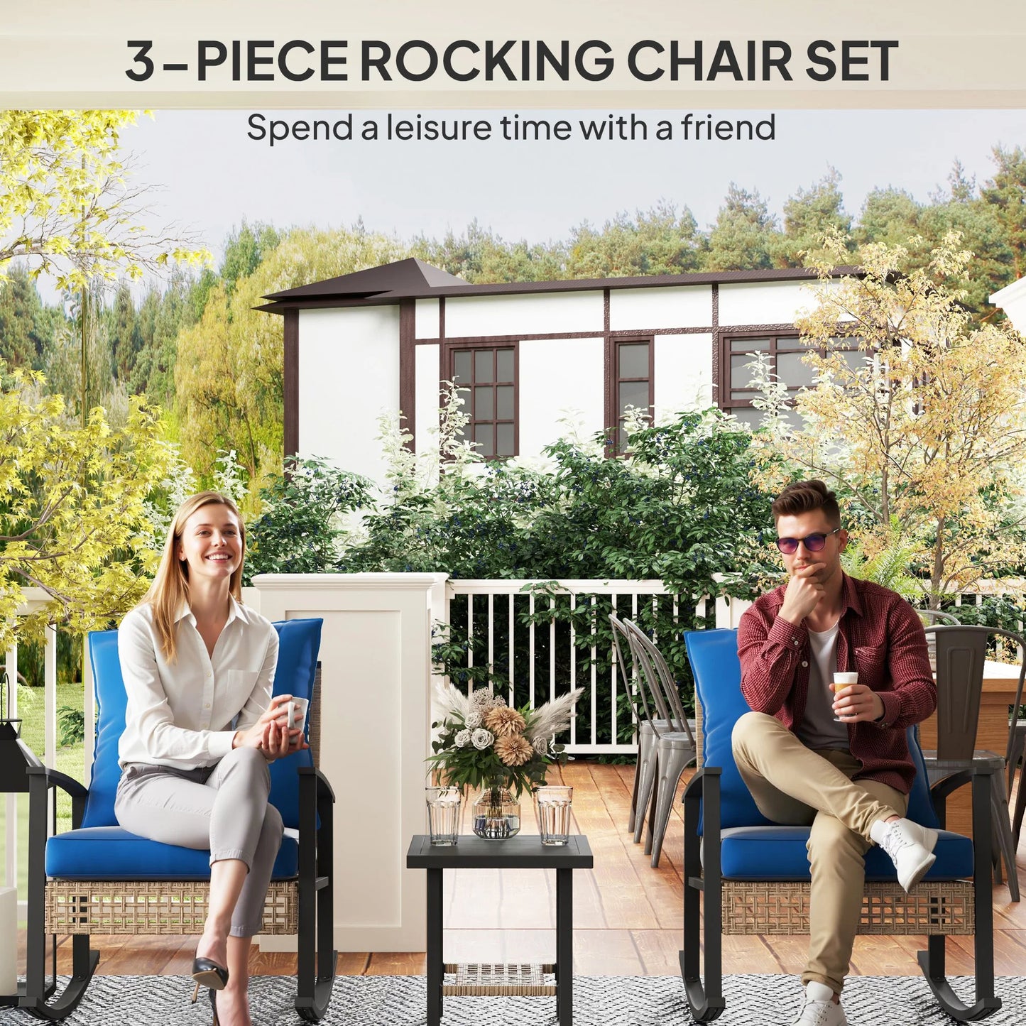 3 Pieces Bistro Set With Rattan Rocking Chairs And Coffee Table