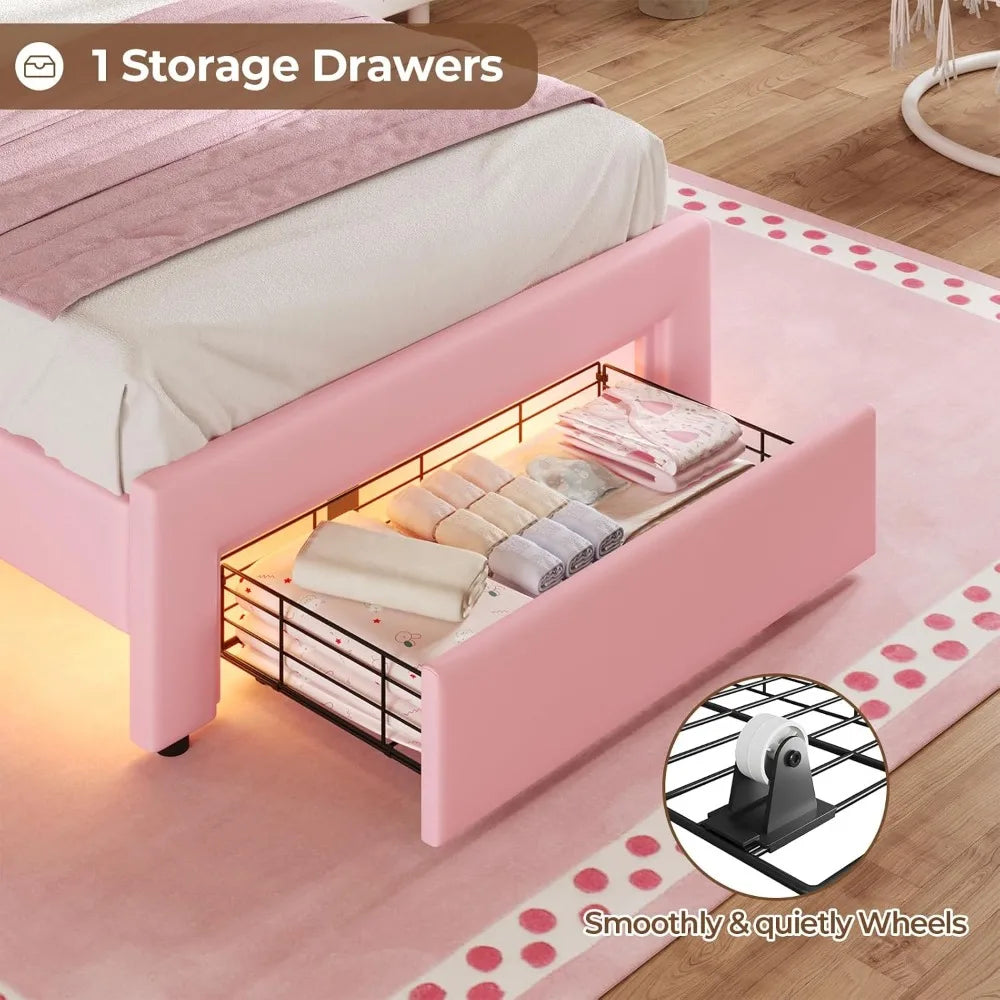 Girls Upholstered Platform Bed With Storage And LED Lights