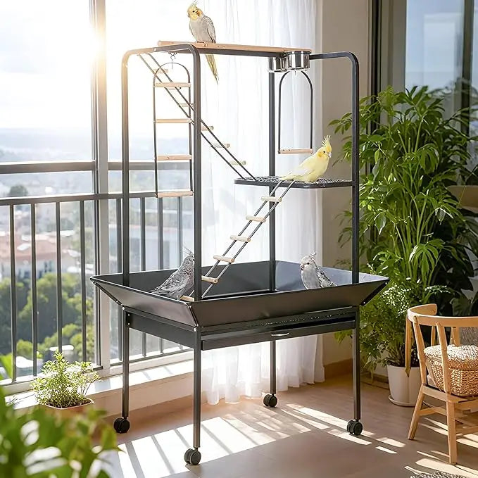 HiMISSCN Parrot Playstand With Wheels And Perches Ladders