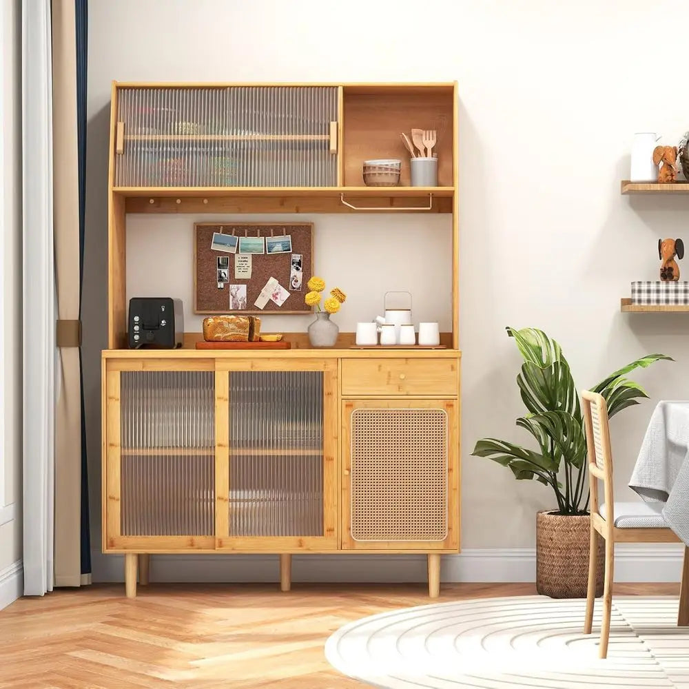 Sturdy Bamboo Pantry Cabinet With Storage And Microwave Stand