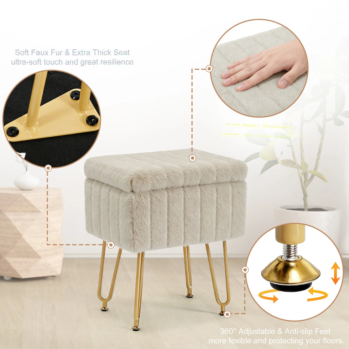 JHK Faux Fur Vanity Storage Ottoman With Metal Legs