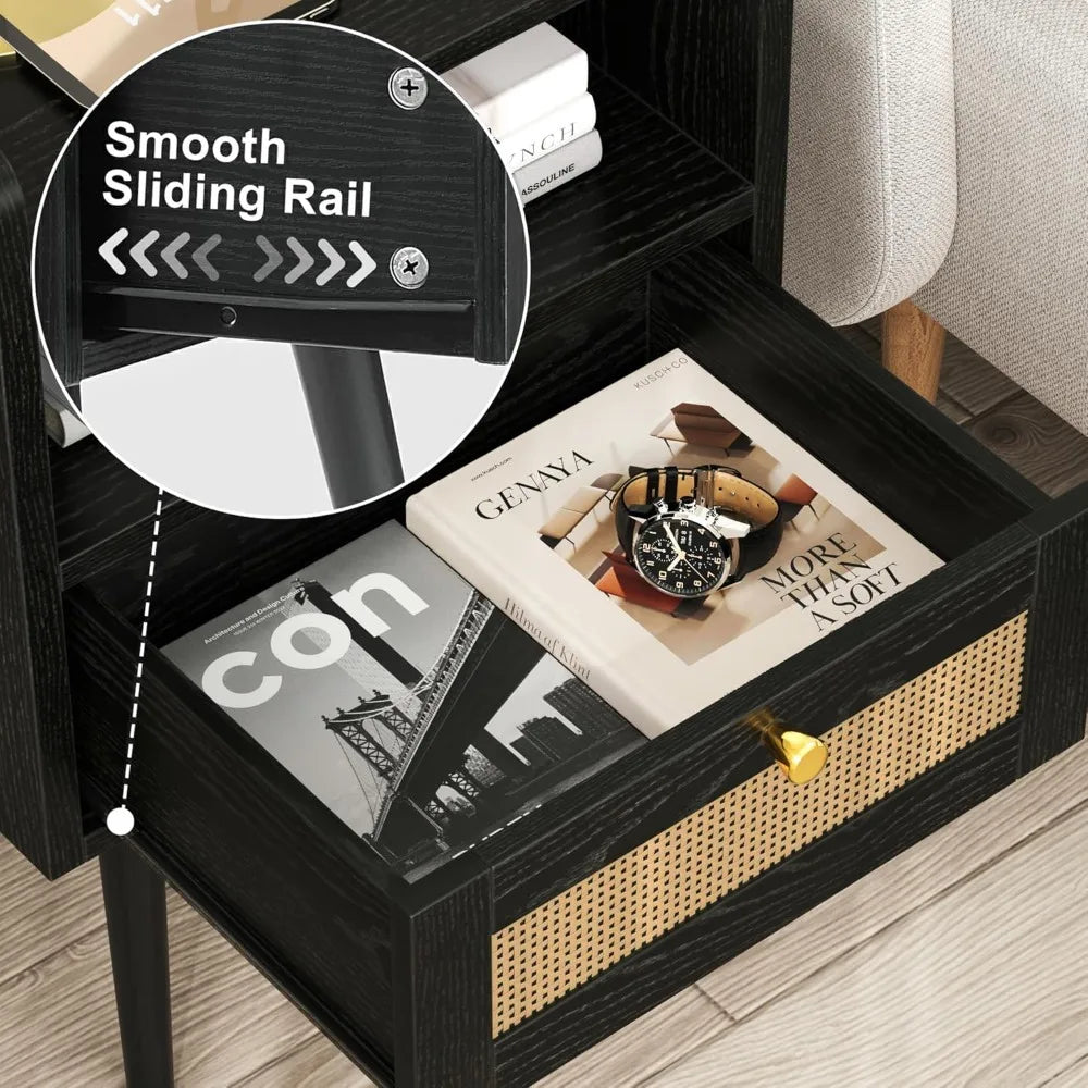 XIUWO Boho Nightstand Set With Charging Station Wood Legs