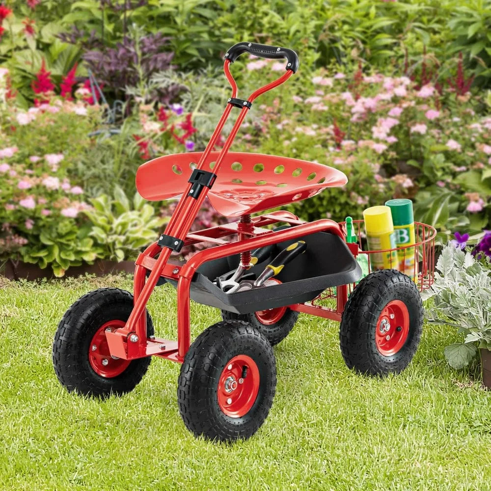 Adjustable Rolling Garden Cart With Seat Tool Tray Basket