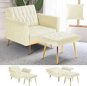 Velvet Accent Chair with Adjustable Armrests Tufted Back and Ottoman