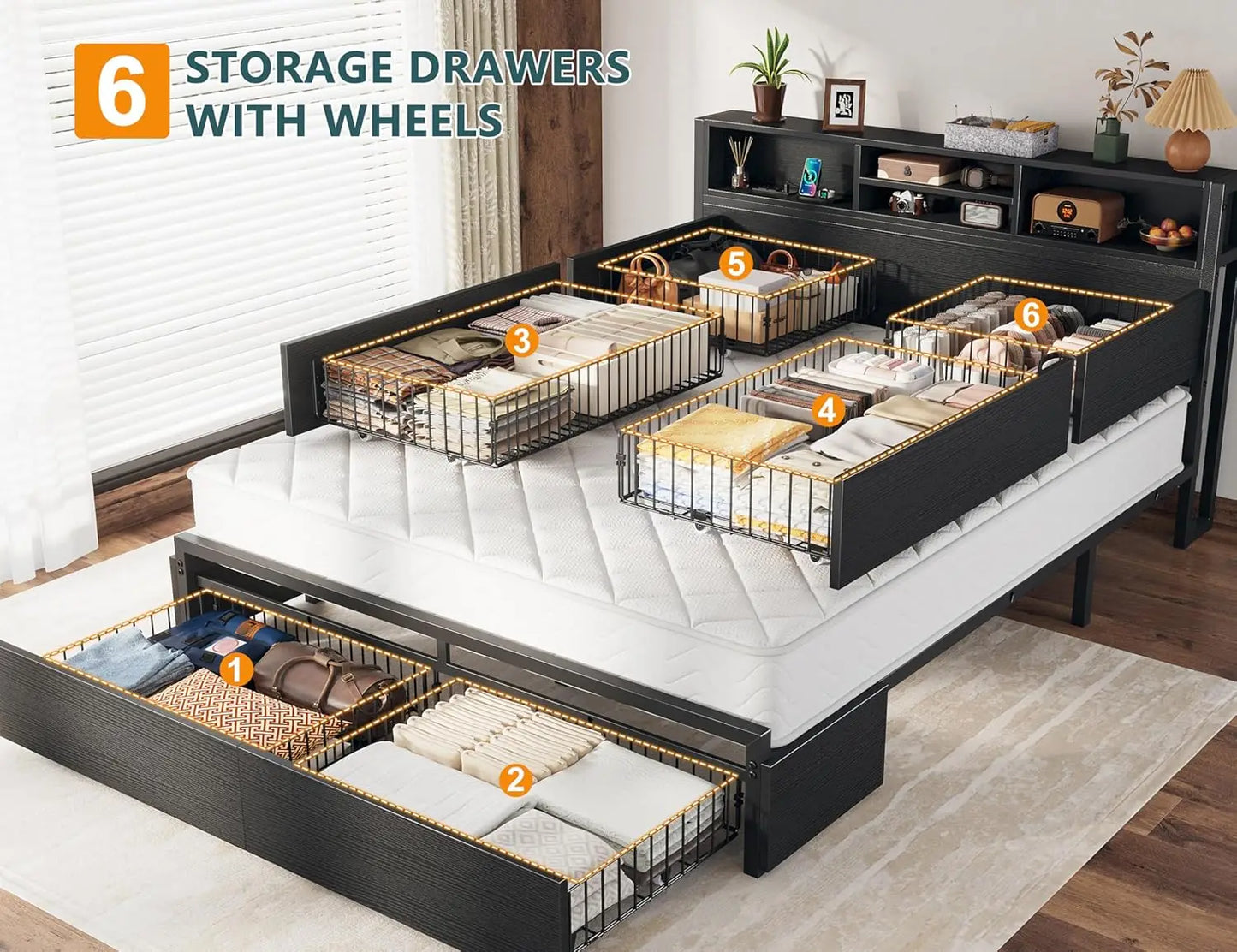 Bed Frame With 6 Storage Drawers And Charging Station