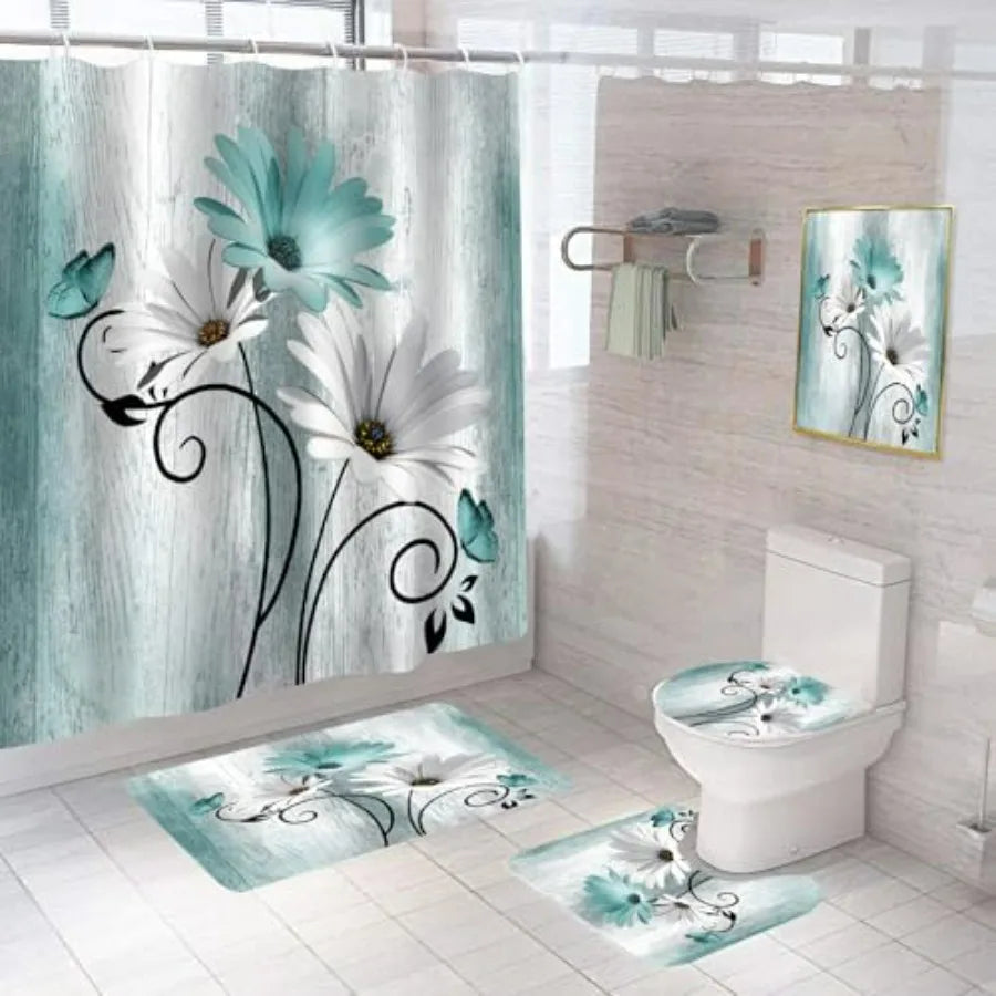 Five Piece Daisy Shower Curtain Set With Luxury Rugs