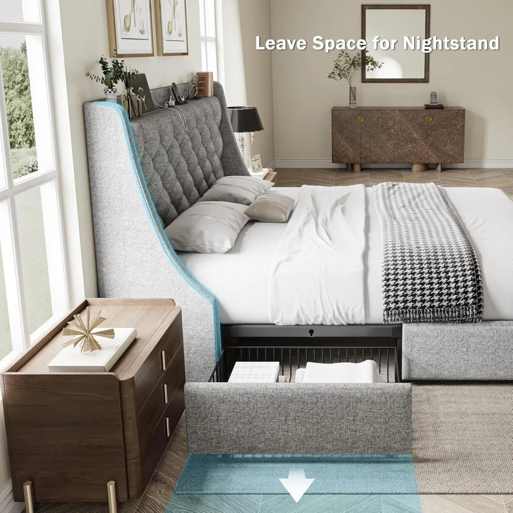 RBXC Bed Frame With Storage Drawers And Wingback Headboard