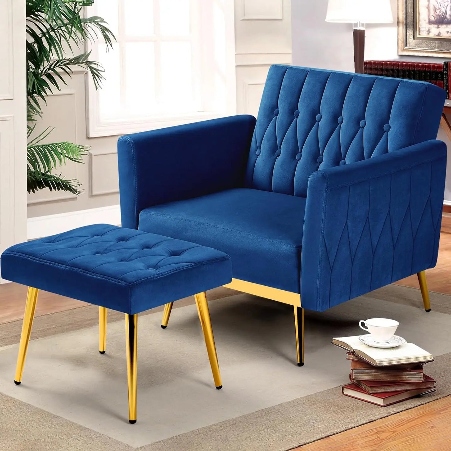 Color Velvet Accent Chair With Adjustable Armrests And Ottoman