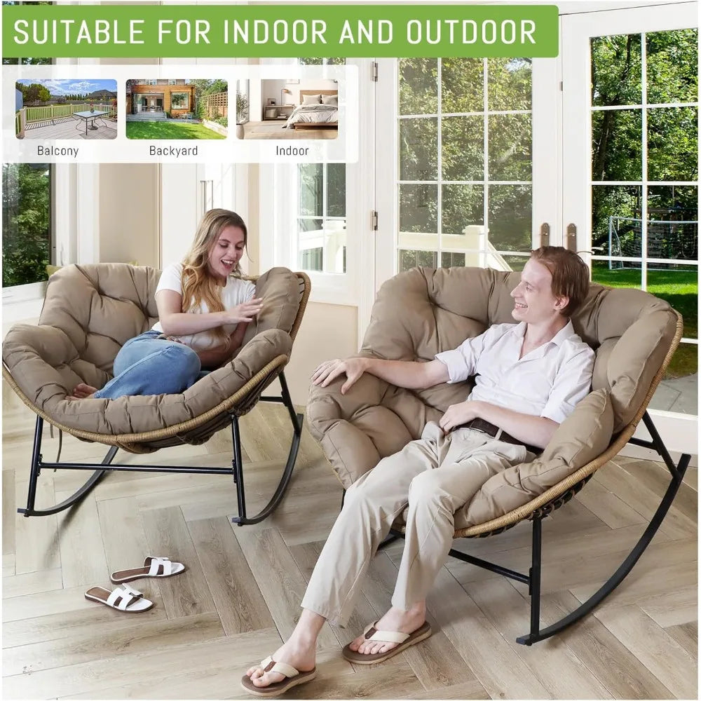 2 Pcs Oversized Wicker Rocking Egg Chair with Water Resistant Cushions