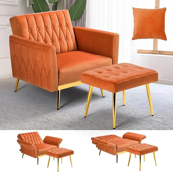 Velvet Accent Chair with Adjustable Armrests Tufted Back and Ottoman