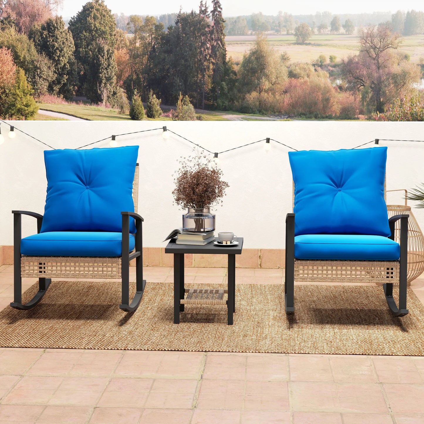 3 Pieces Bistro Set With Rattan Rocking Chairs And Coffee Table