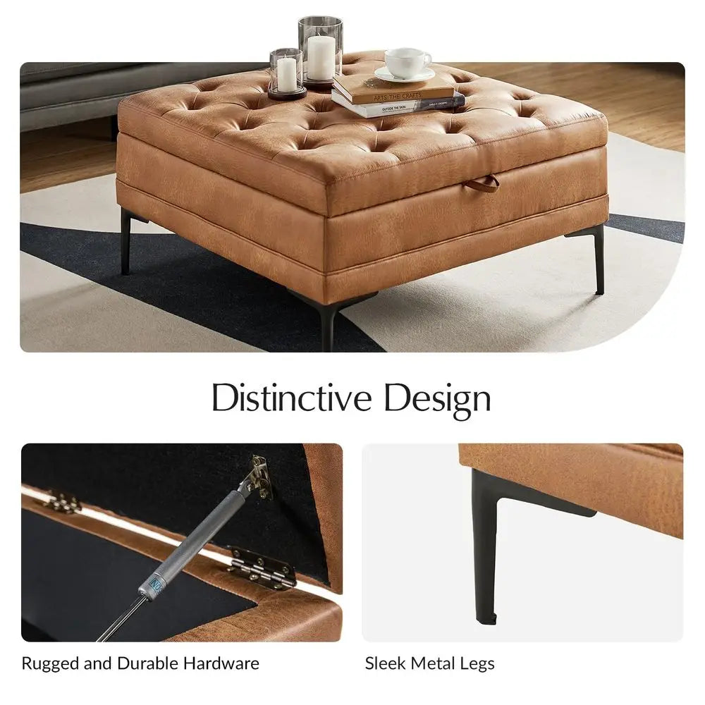 Faux Leather Coffee Table With Storage Ottoman Metal Legs