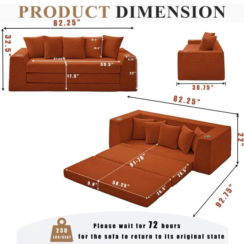 CN Sichuan Convertible Sofa Bed Loveseat 2 In 1 With Pillows