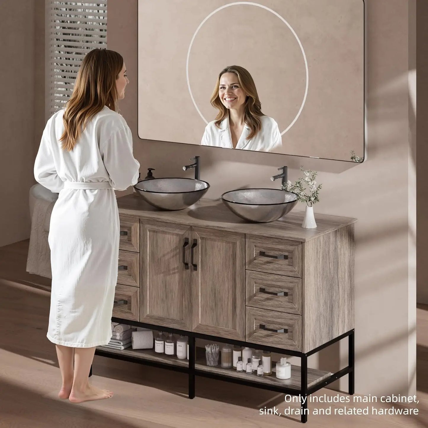 Double Sink Freestanding Bathroom Vanity With Open Shelves