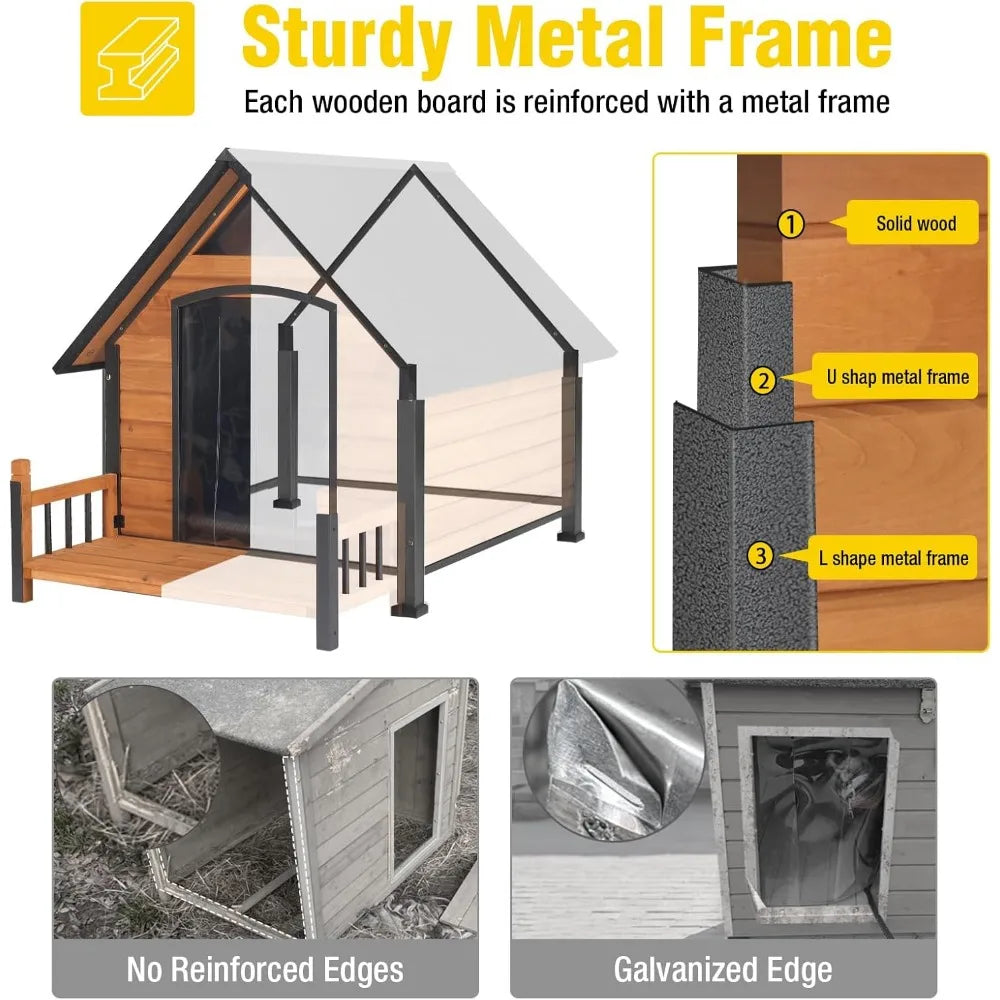 Weatherproof Large Dog House Chew Proof Kennel with Metal Frame for All Breeds