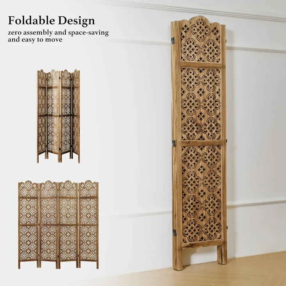 Folding Room Divider Four Panel Wood Carved Privacy Screen