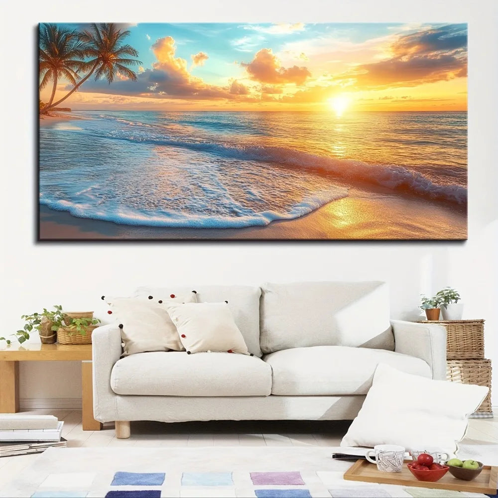 Natural Ocean Sunset Canvas Wall Art in Pine Wood Frame