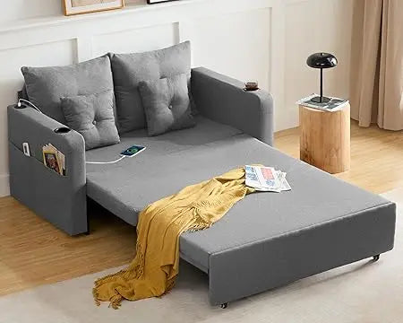 3 in 1 Convertible Sofa Bed with Storage Pocket and USB Comfy Loveseat