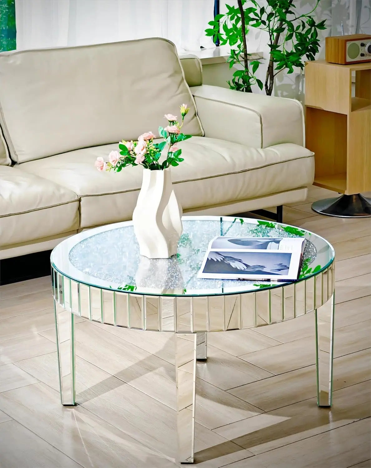Round Mirrored Coffee Table With Crushed Diamond Glass Top