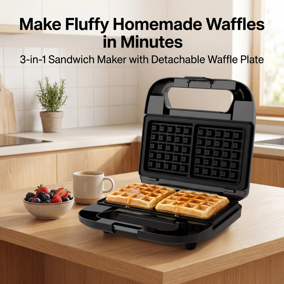 CACHOO 3-in-1 Sandwich Maker Panini Waffle Iron Grill