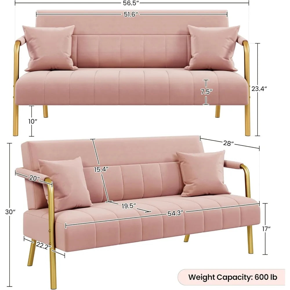 56.5 Inch Modern Velvet Sofa with Gold-Tone Metal Arms for Living Room