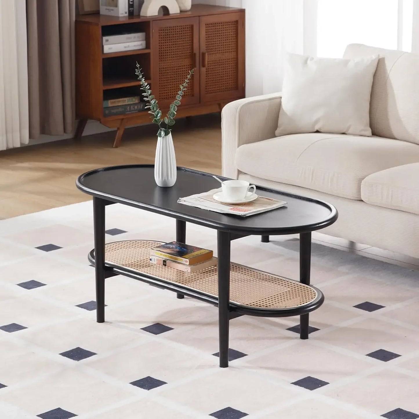Modern Walnut Rattan Coffee Table with Storage Shelf for Living Room