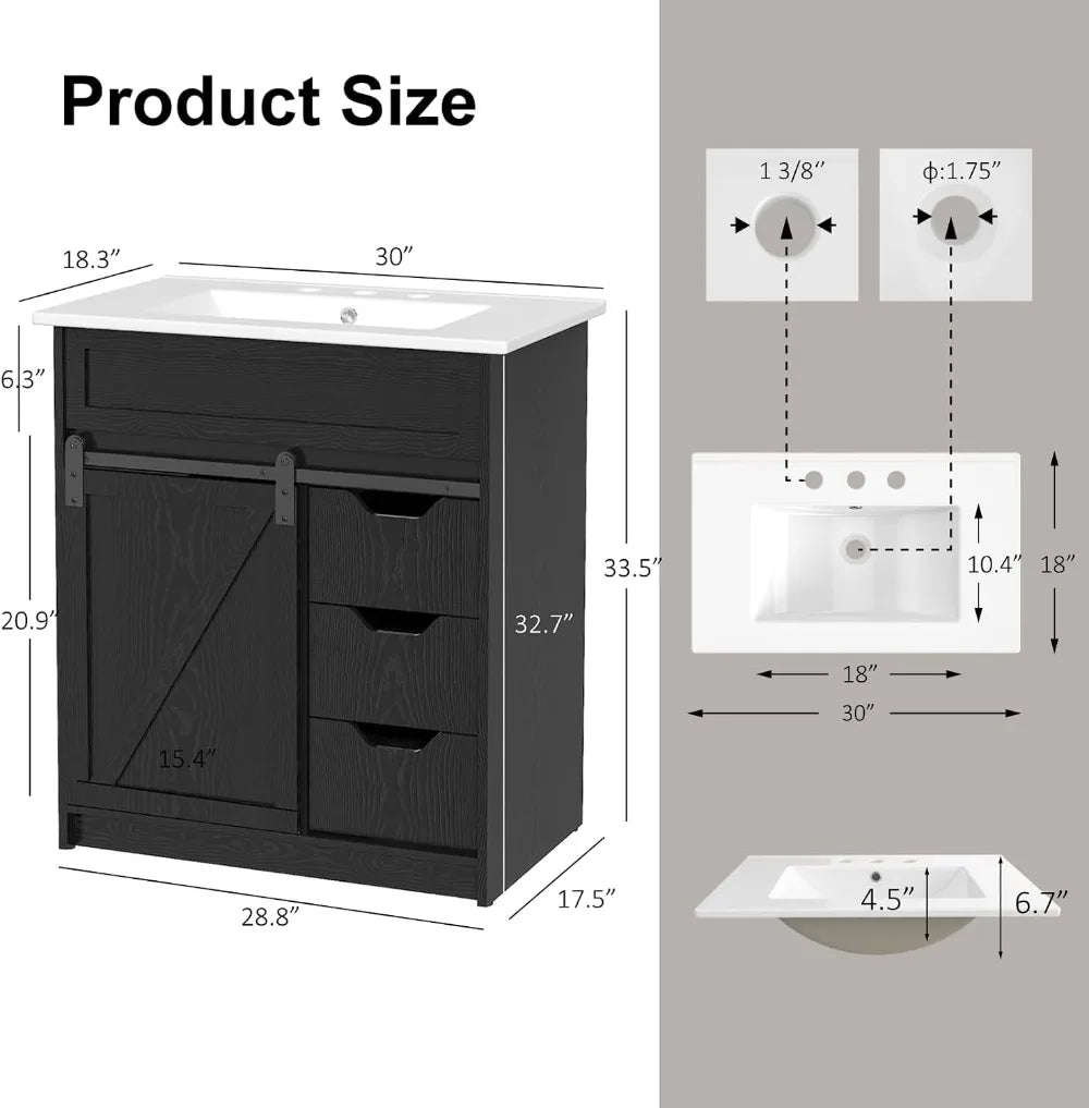 Farmhouse Wooden Bathroom Vanity Cabinet With Sliding Barn Door