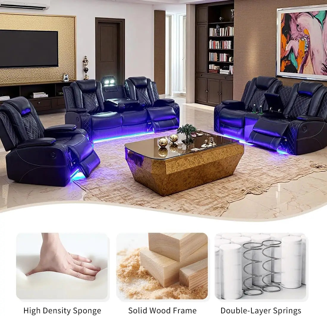 XMSJ Power Recliner Sofa Set Modern Leather Sectional LED