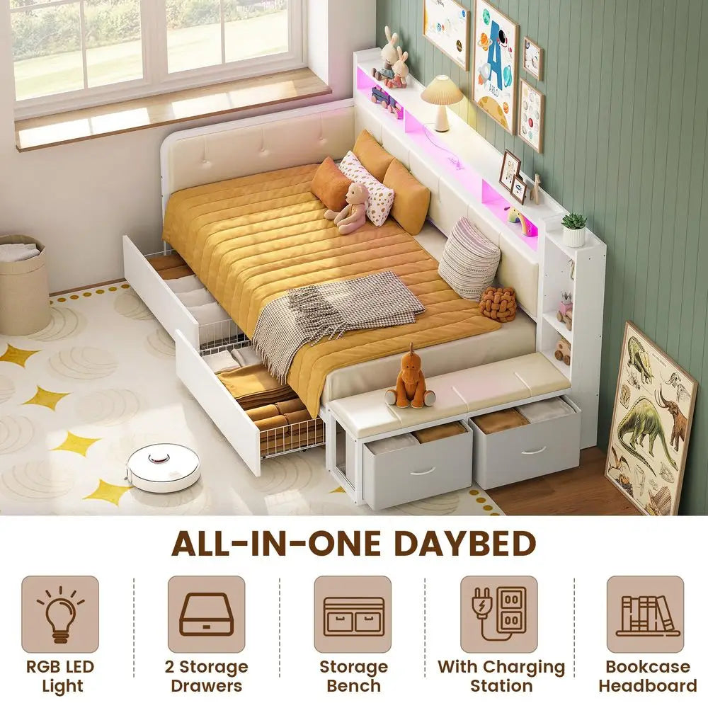 Corner Bed Frame With Storage Bench And Bookcase Headboard