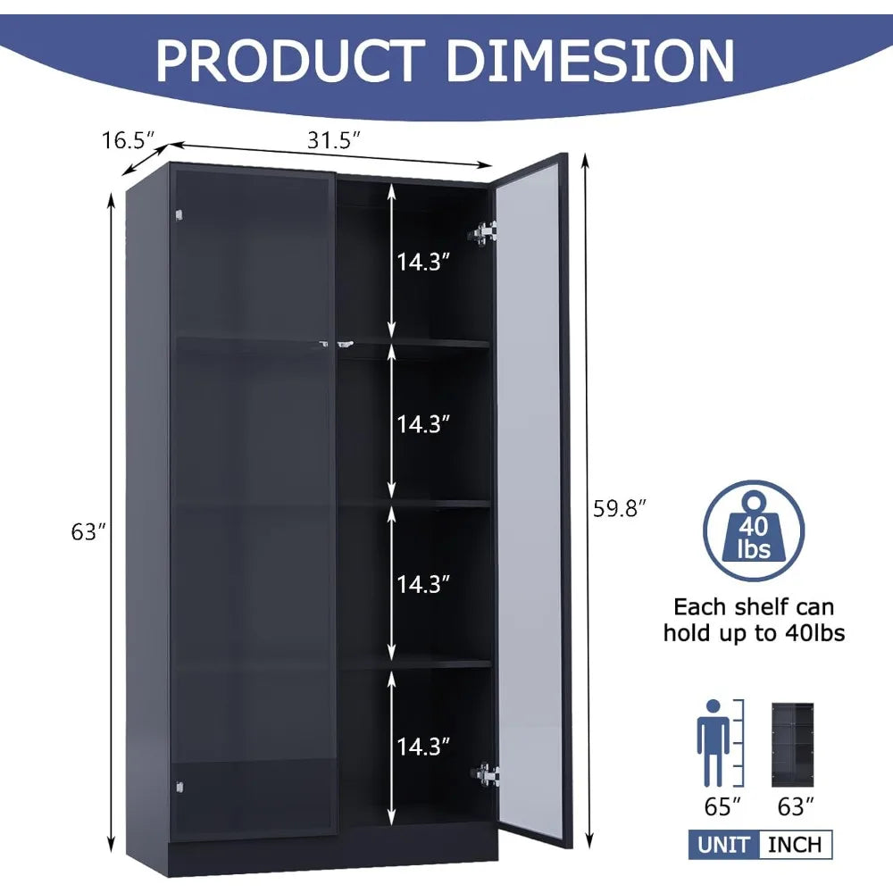 Modern Glass Display Cabinet with LED Lights and 4-Tier Shelves