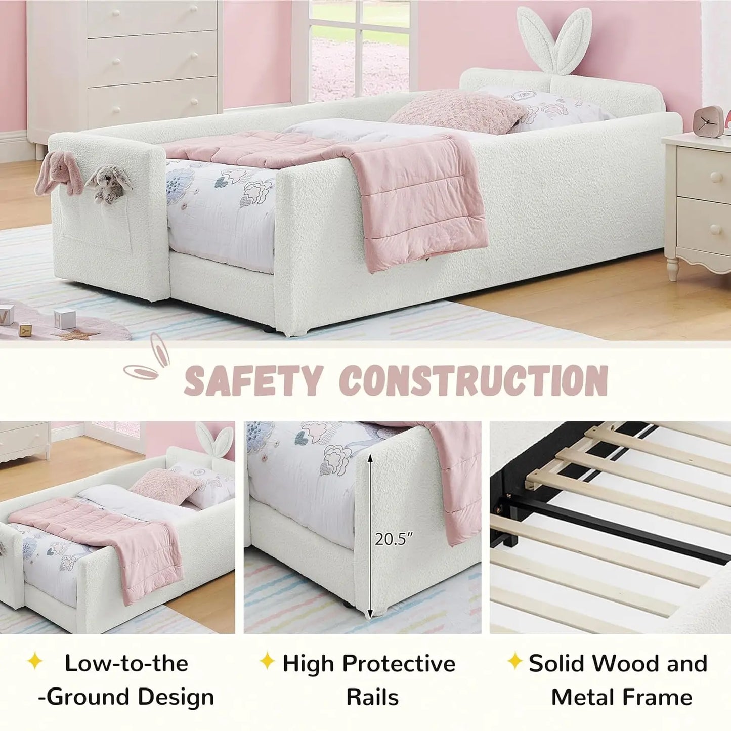 Boucle Upholstered Rabbit Ear Headboard Platform Bed For Kids