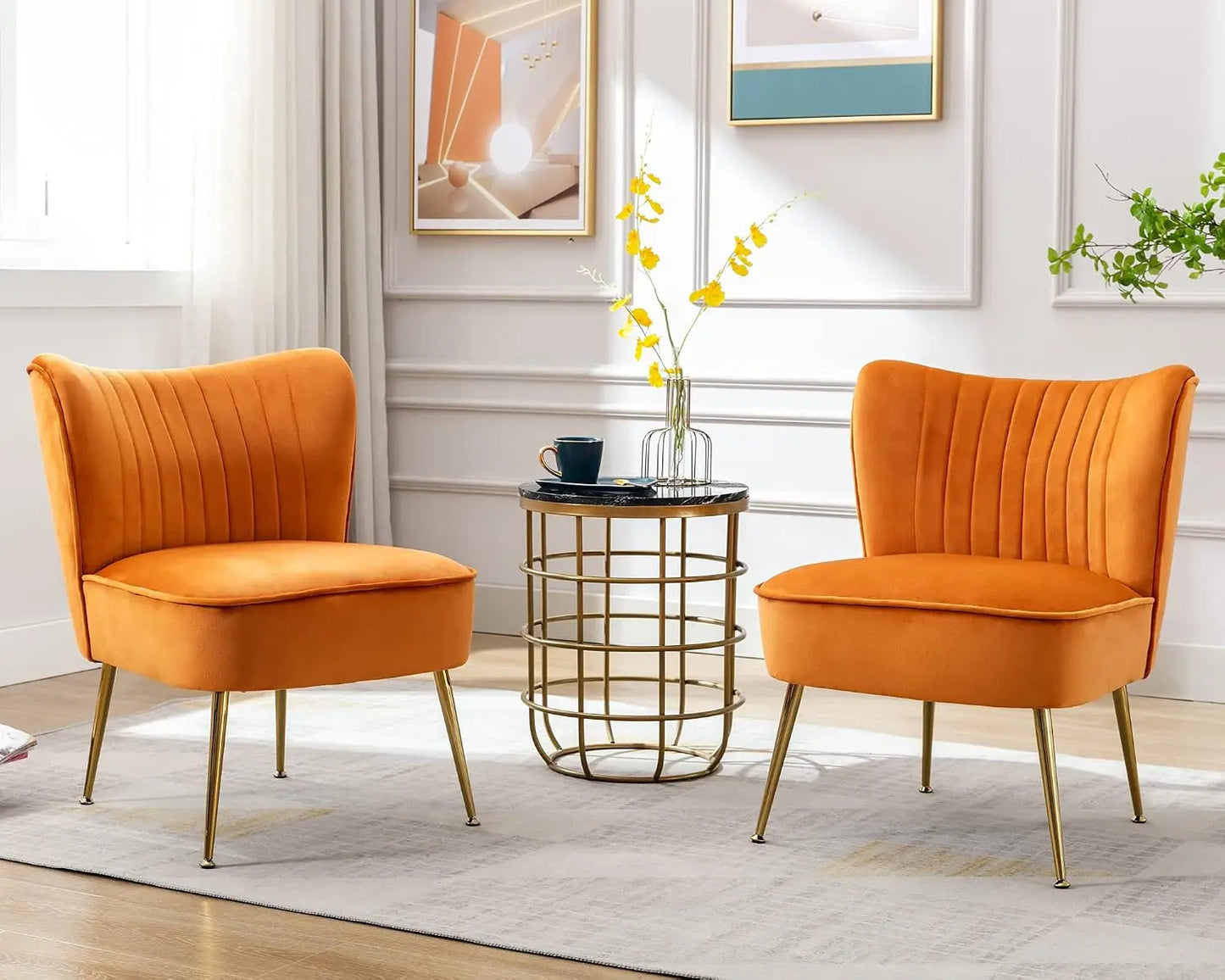 Velvet Armless Slipper Chairs With Golden Legs Mid Century