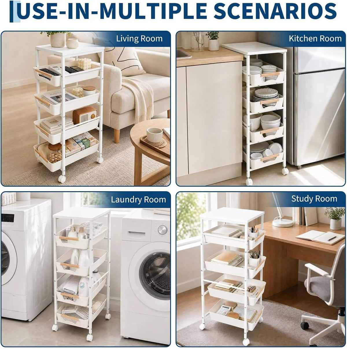 HiMISS Rolling Storage Cart With Wooden Top Pullout Baskets