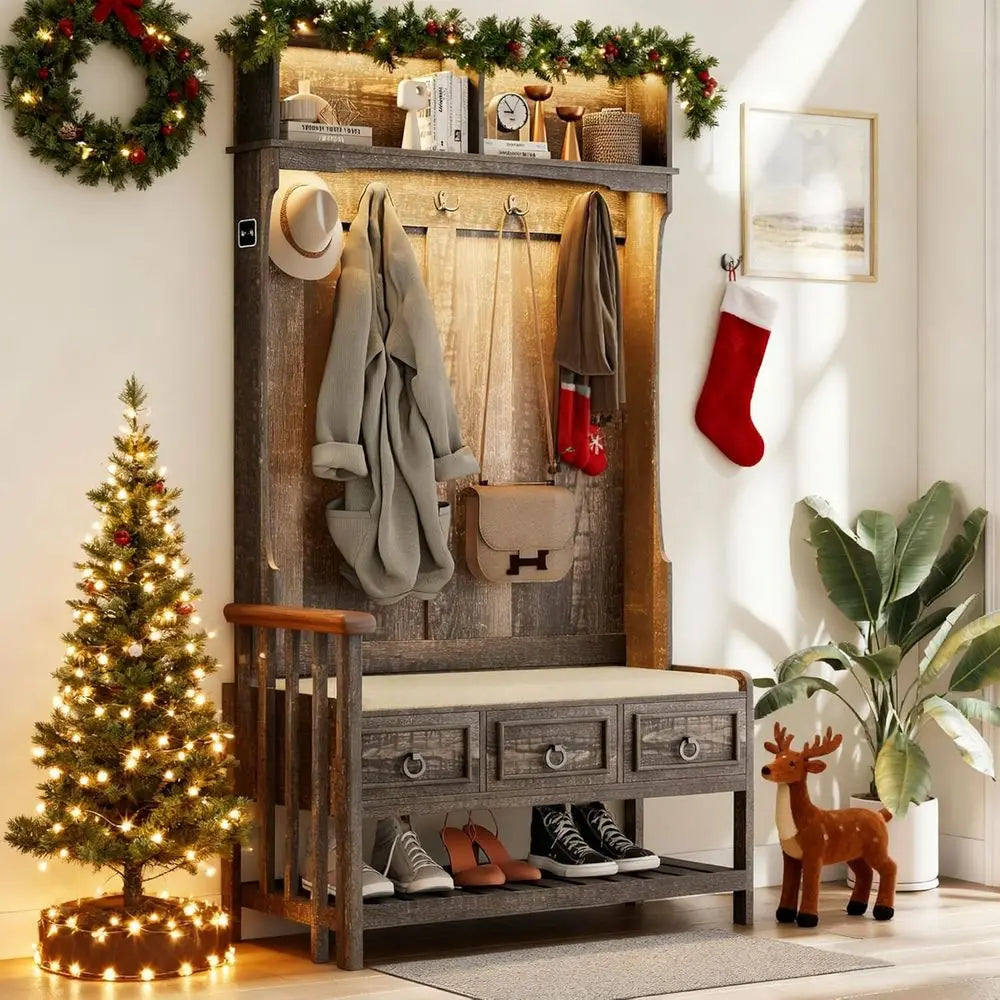 Farmhouse Hall Tree With Cushioned Bench And LED Light