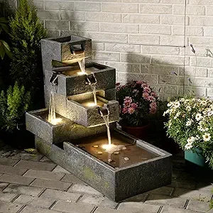 Tiered Outdoor Water Fountain Cascade With LED Lighting